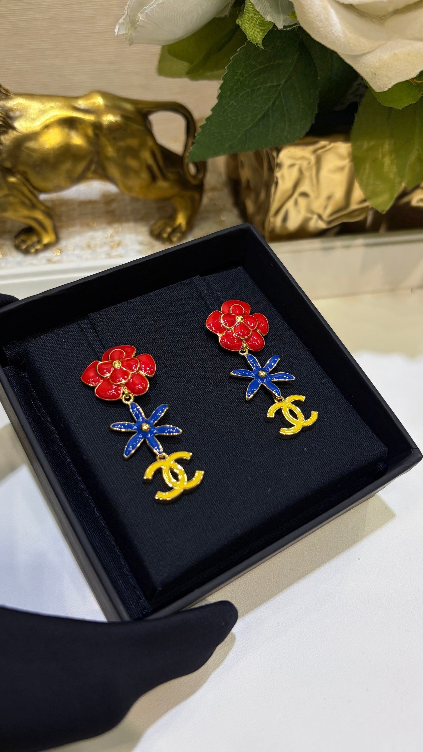 Chanel 2026 Gold Double C Enamel Flower Long Stud Earrings