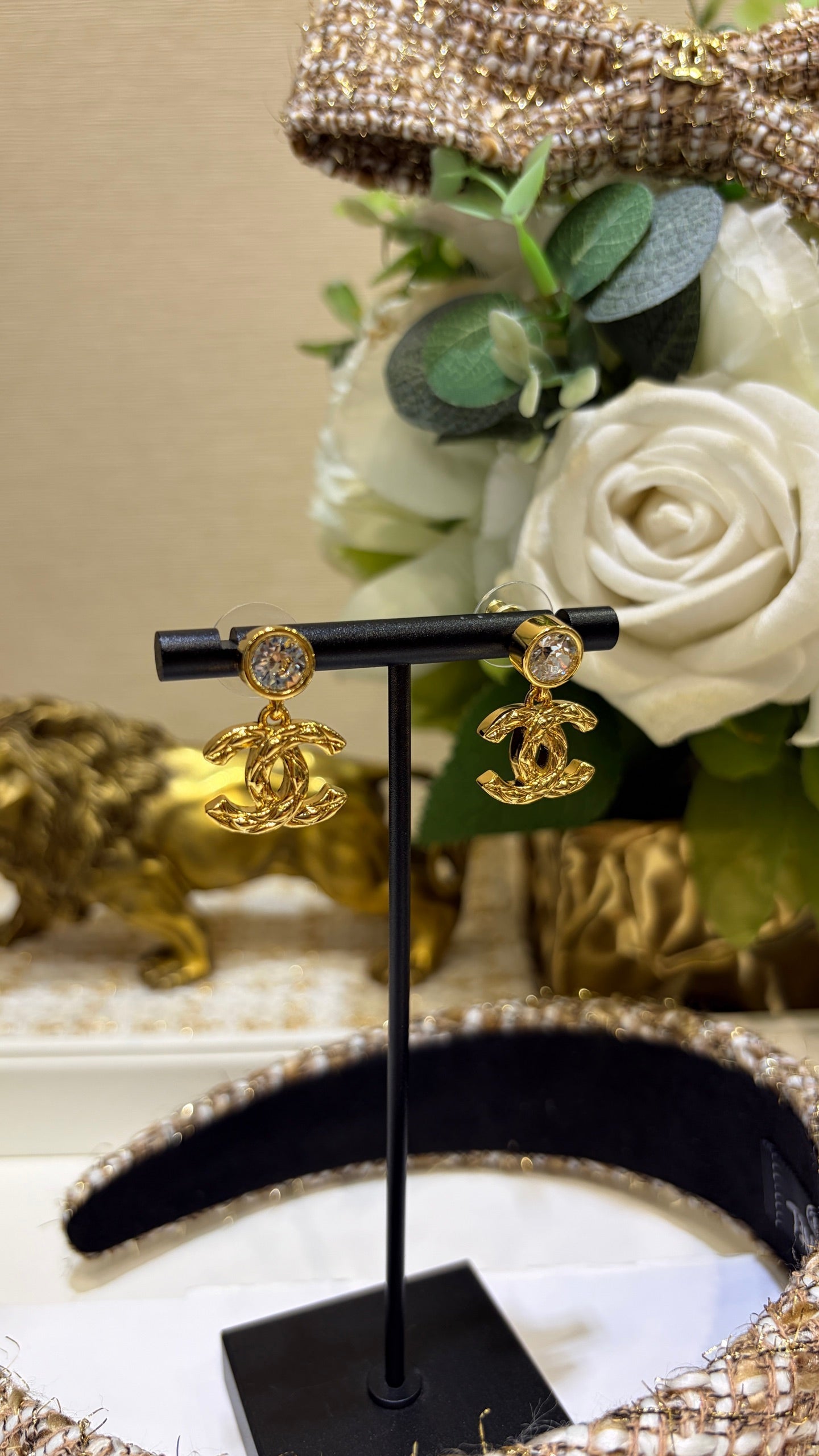 Chanel 2026 Gold Diamond Pattern Double C Crystal Stud Earrings