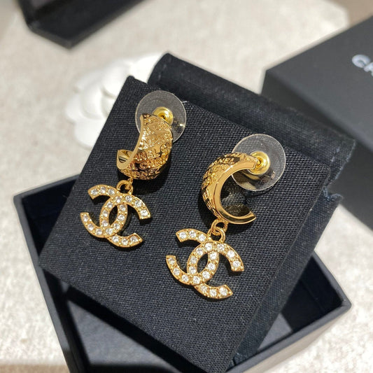 Chanel Letter Hook Gold Diamond Earrings