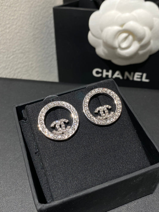 Chanel Classic Platinum Rhinestone Stud Sliver Earrings