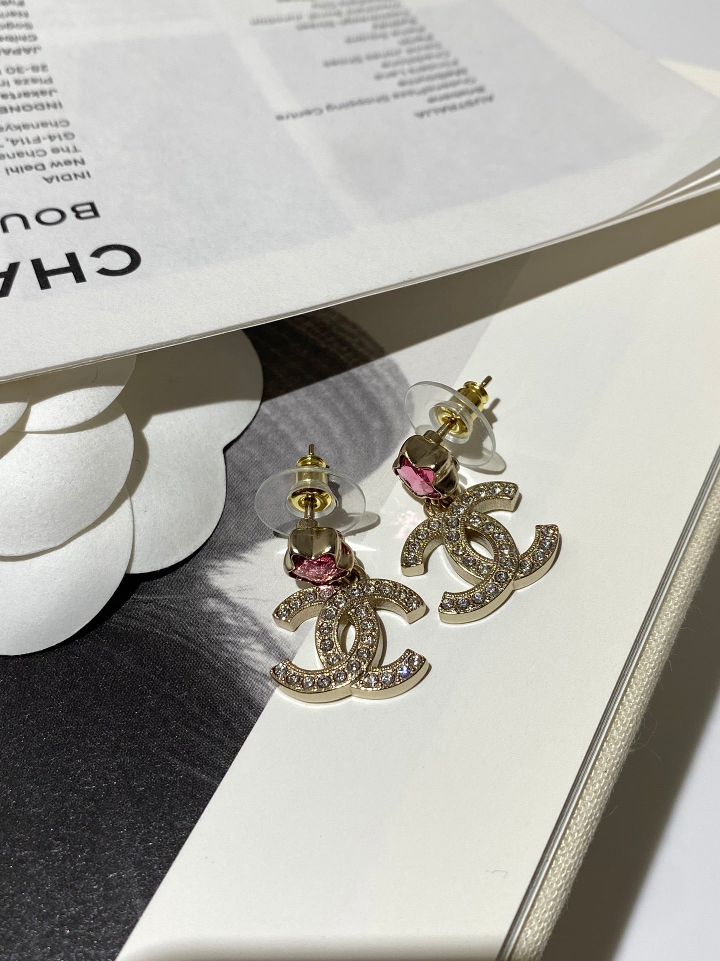 Chanel Pink Star Gold Diamond Earrings