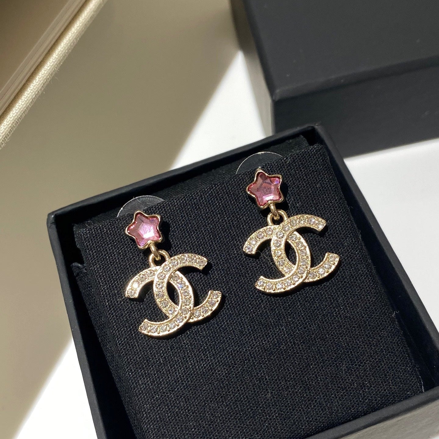 Chanel Pink Star Gold Diamond Earrings