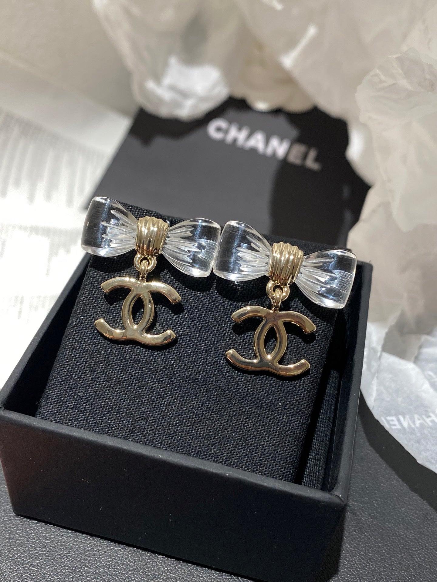 Chanel Transparent Acrylic Bow Gold Earrings