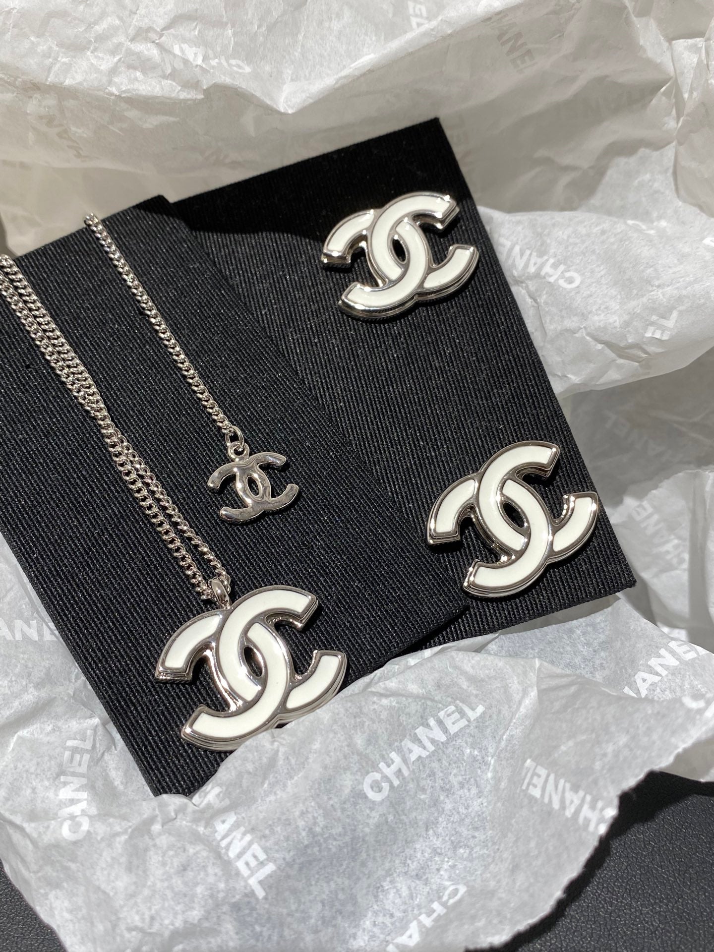 Chanel Classic White Sliver Enamel Double C Earrings