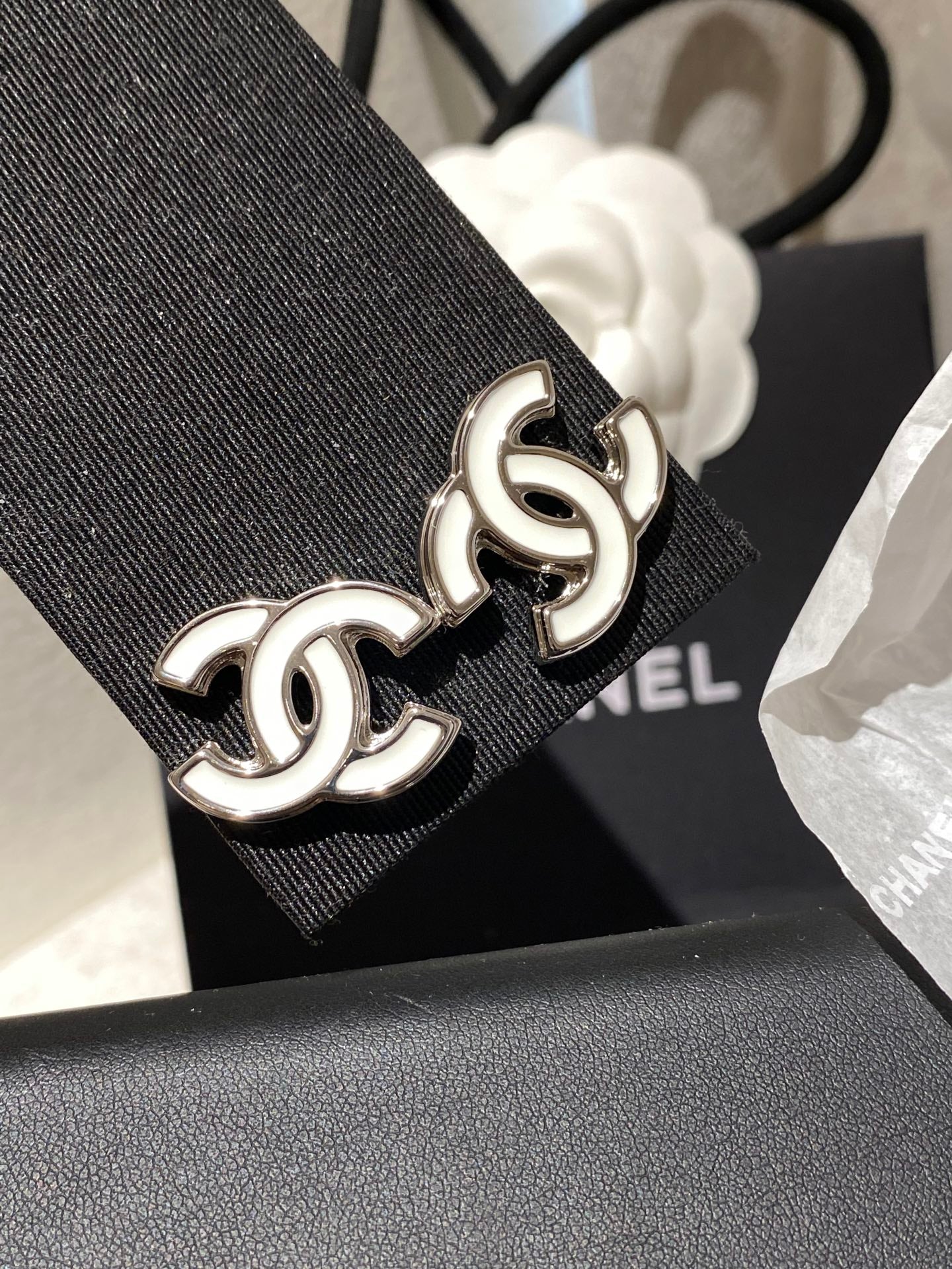 Chanel Classic White Sliver Enamel Double C Earrings