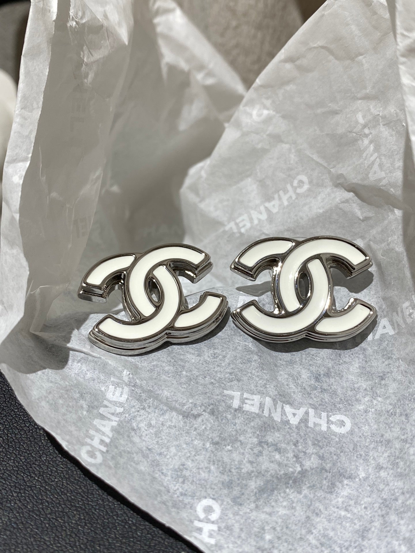Chanel Classic White Sliver Enamel Double C Earrings