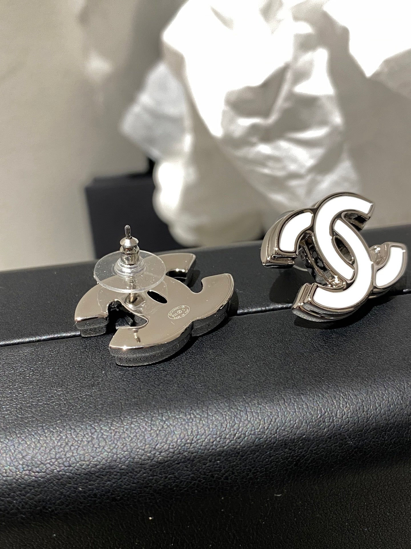 Chanel Classic White Sliver Enamel Double C Earrings