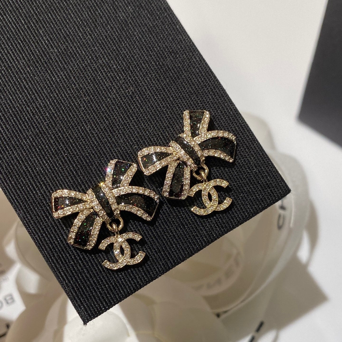 Chanel Crystals Black Enamel Bow Gold Earrings
