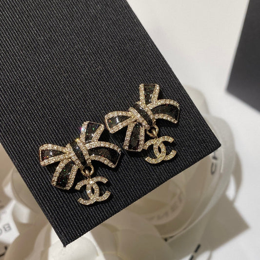 Chanel Crystals Black Enamel Bow Gold Earrings