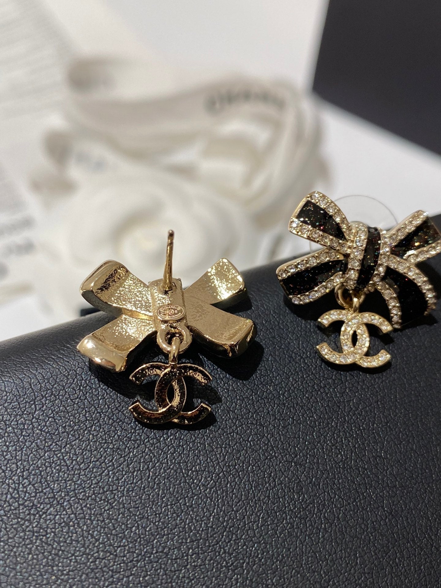 Chanel Crystals Black Enamel Bow Gold Earrings