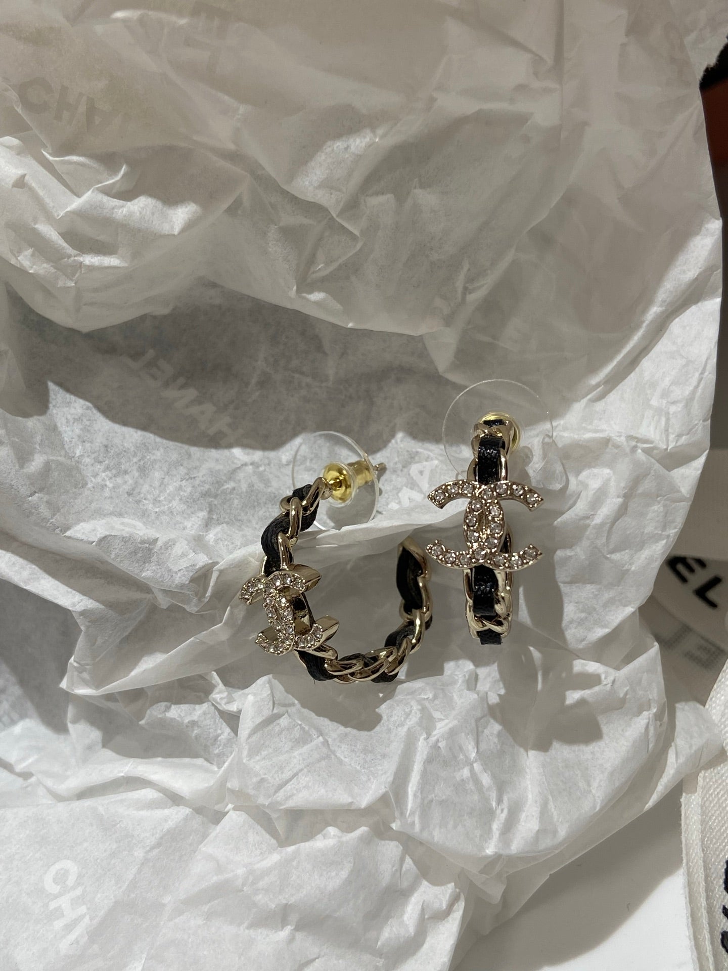 Chanel Half Circle Gold Black Leather Earrings