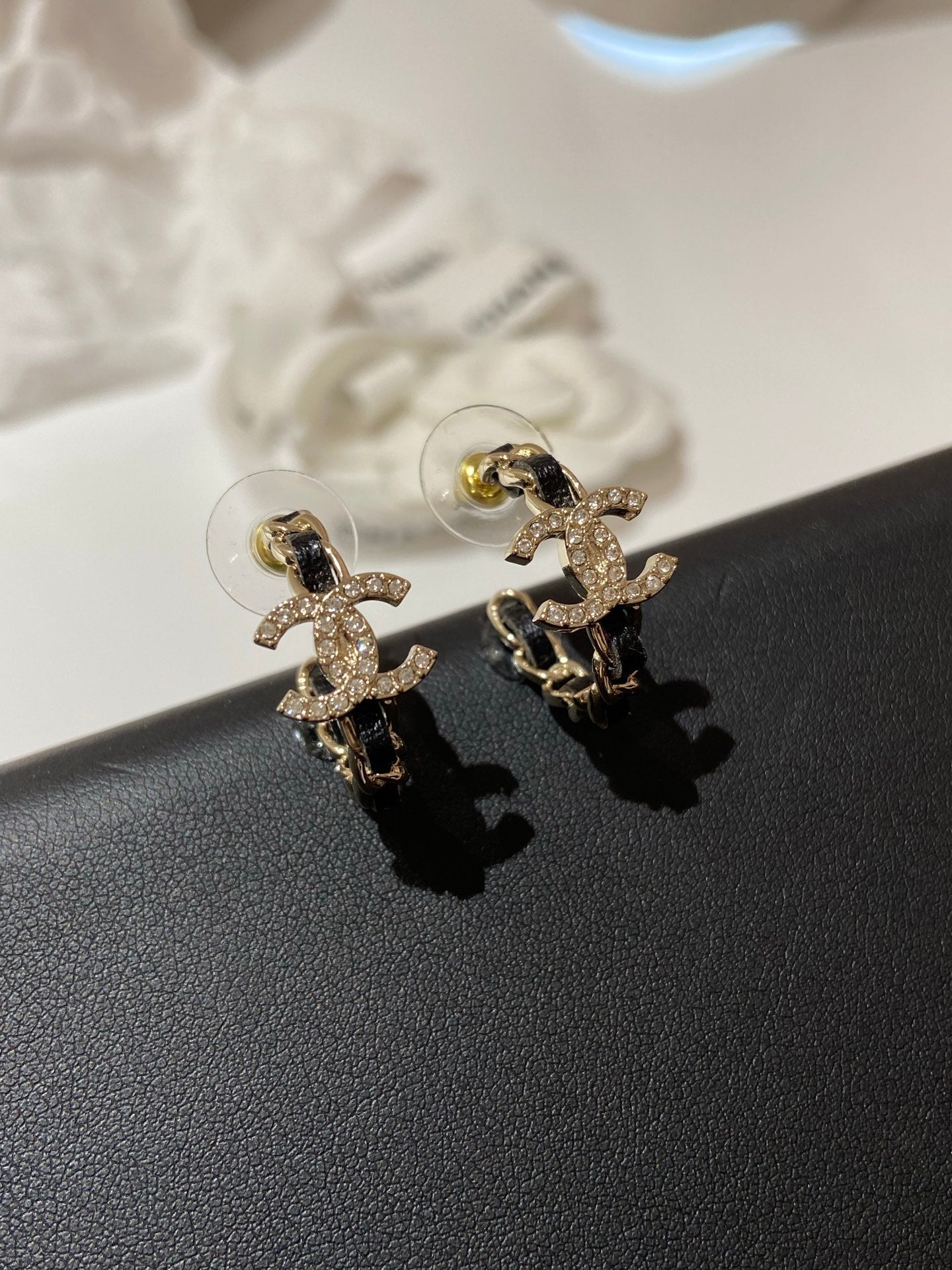 Chanel Half Circle Gold Black Leather Earrings