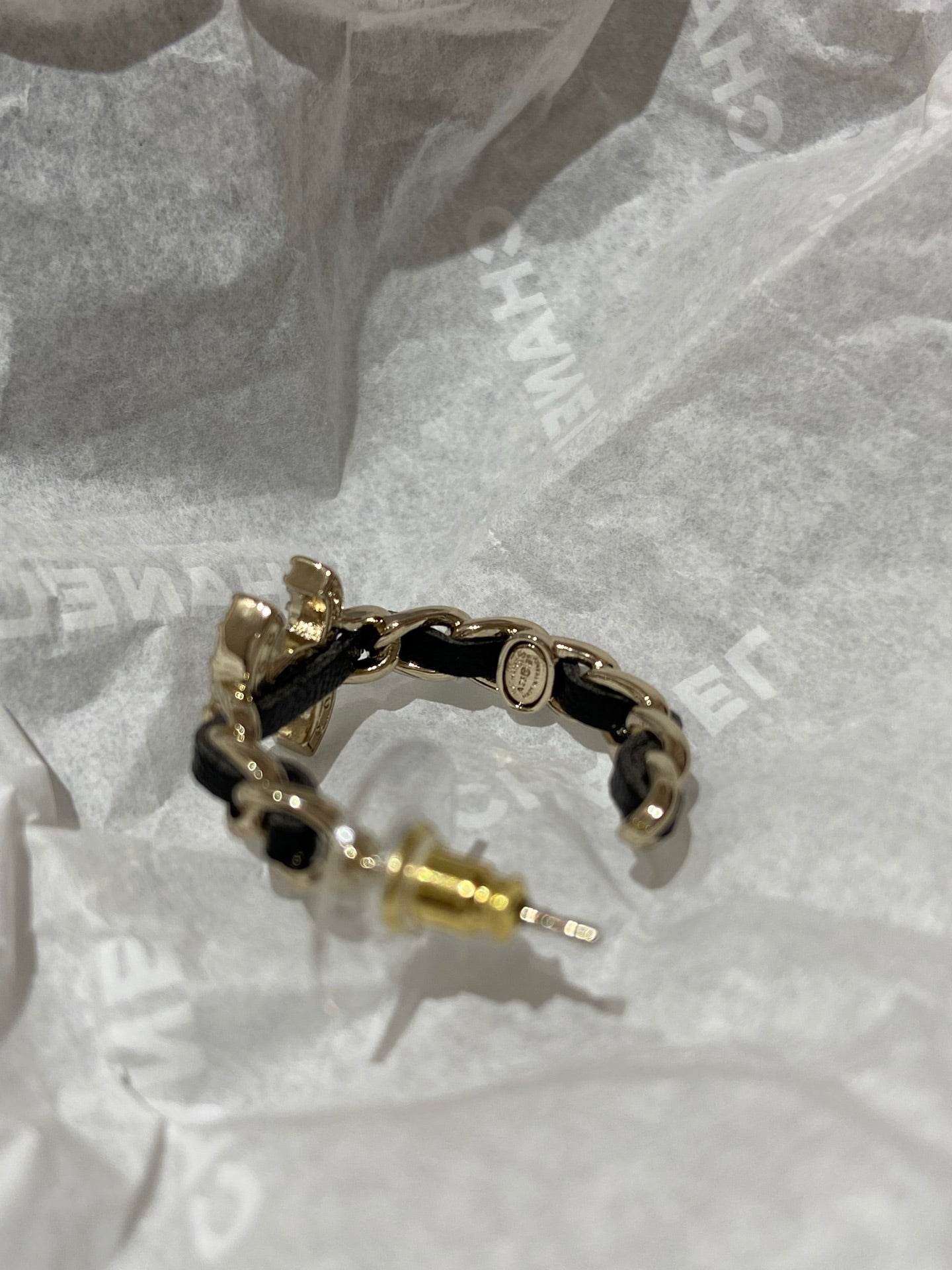 Chanel Half Circle Gold Black Leather Earrings