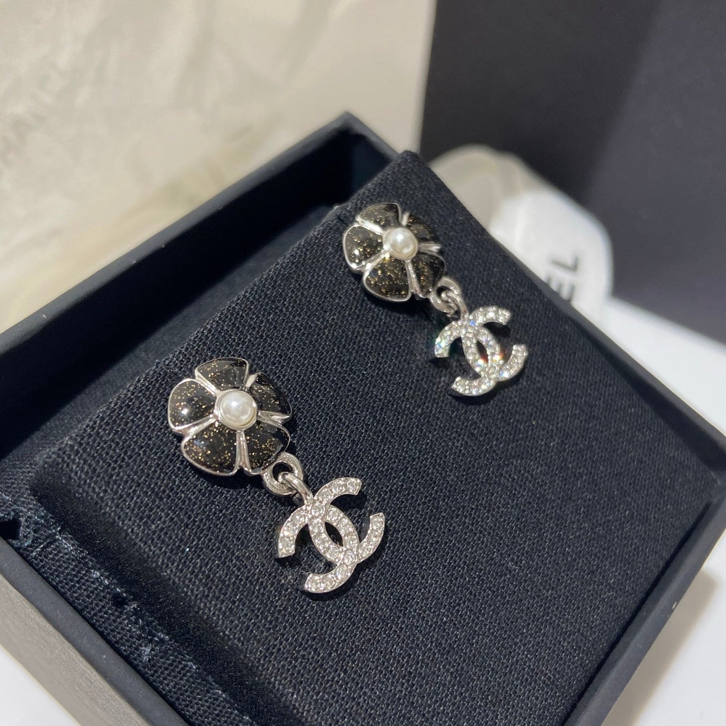 Chanel Flower Pendant Silver Black Diamond Earrings