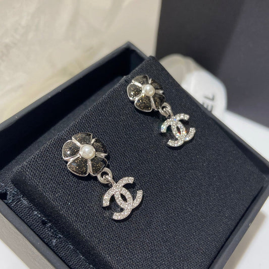 Chanel Flower Pendant Silver Black Diamond Earrings