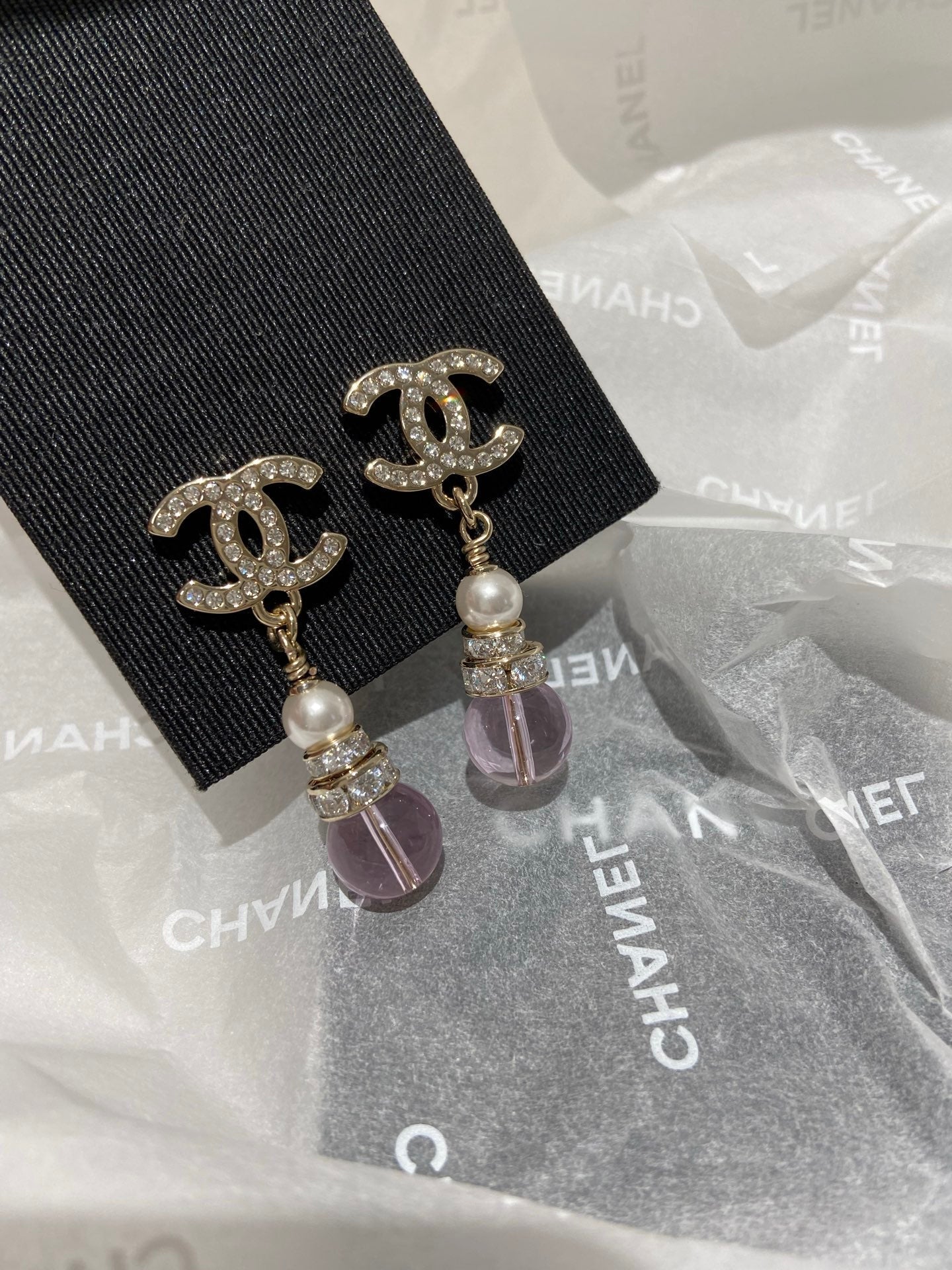 Chanel Pink Crystal Gold Pearl Earrings