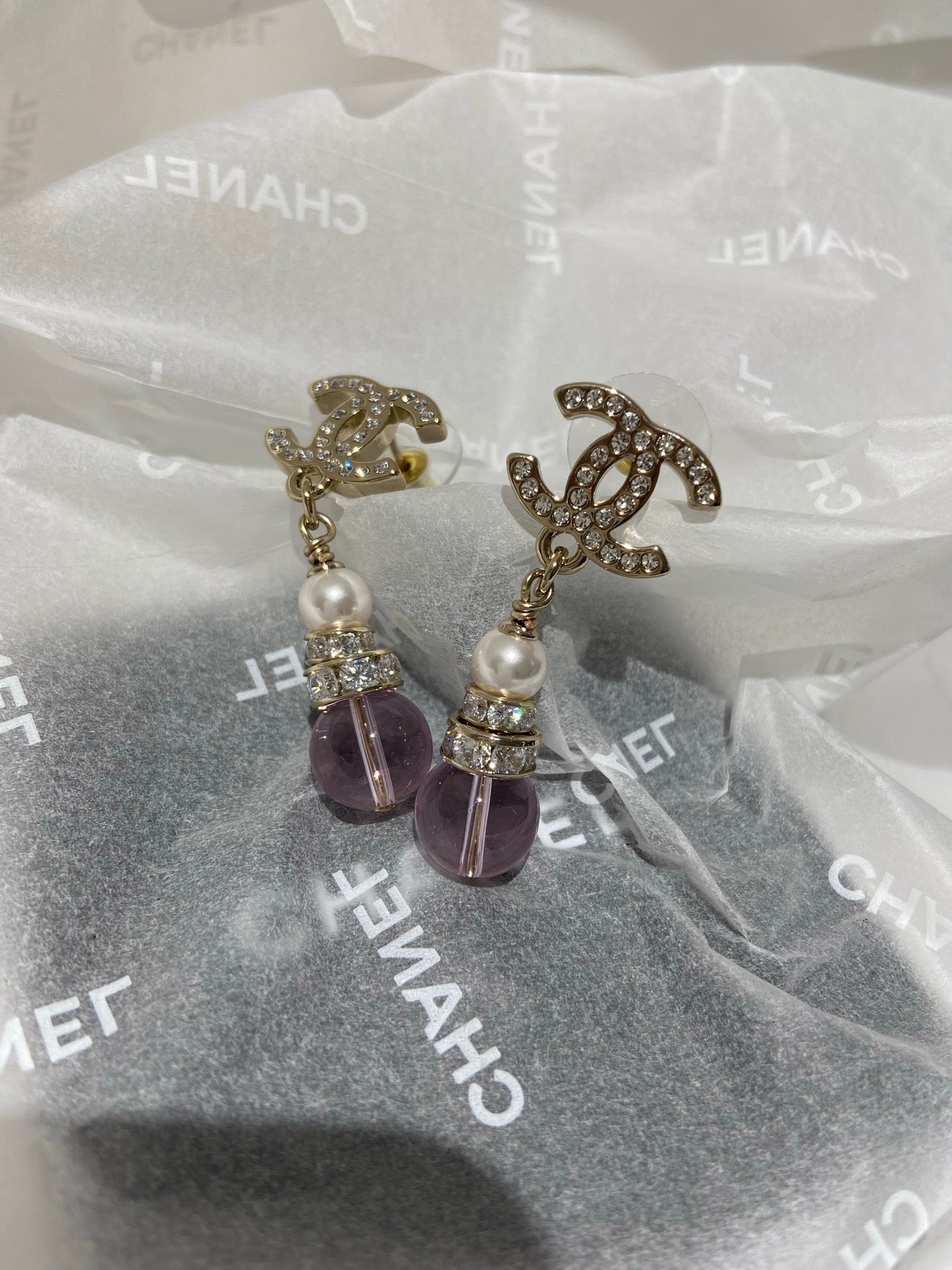Chanel Pink Crystal Gold Pearl Earrings