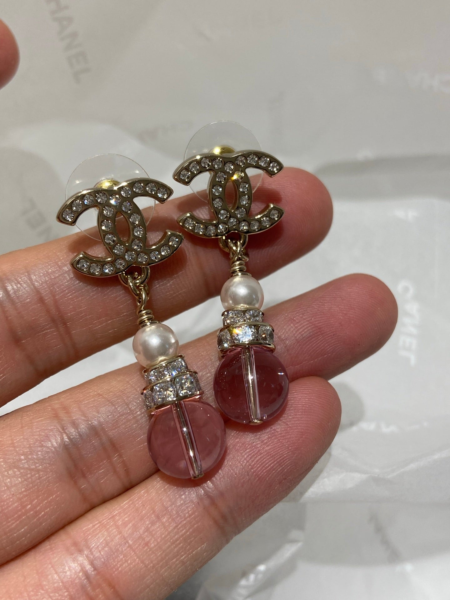 Chanel Pink Crystal Gold Pearl Earrings