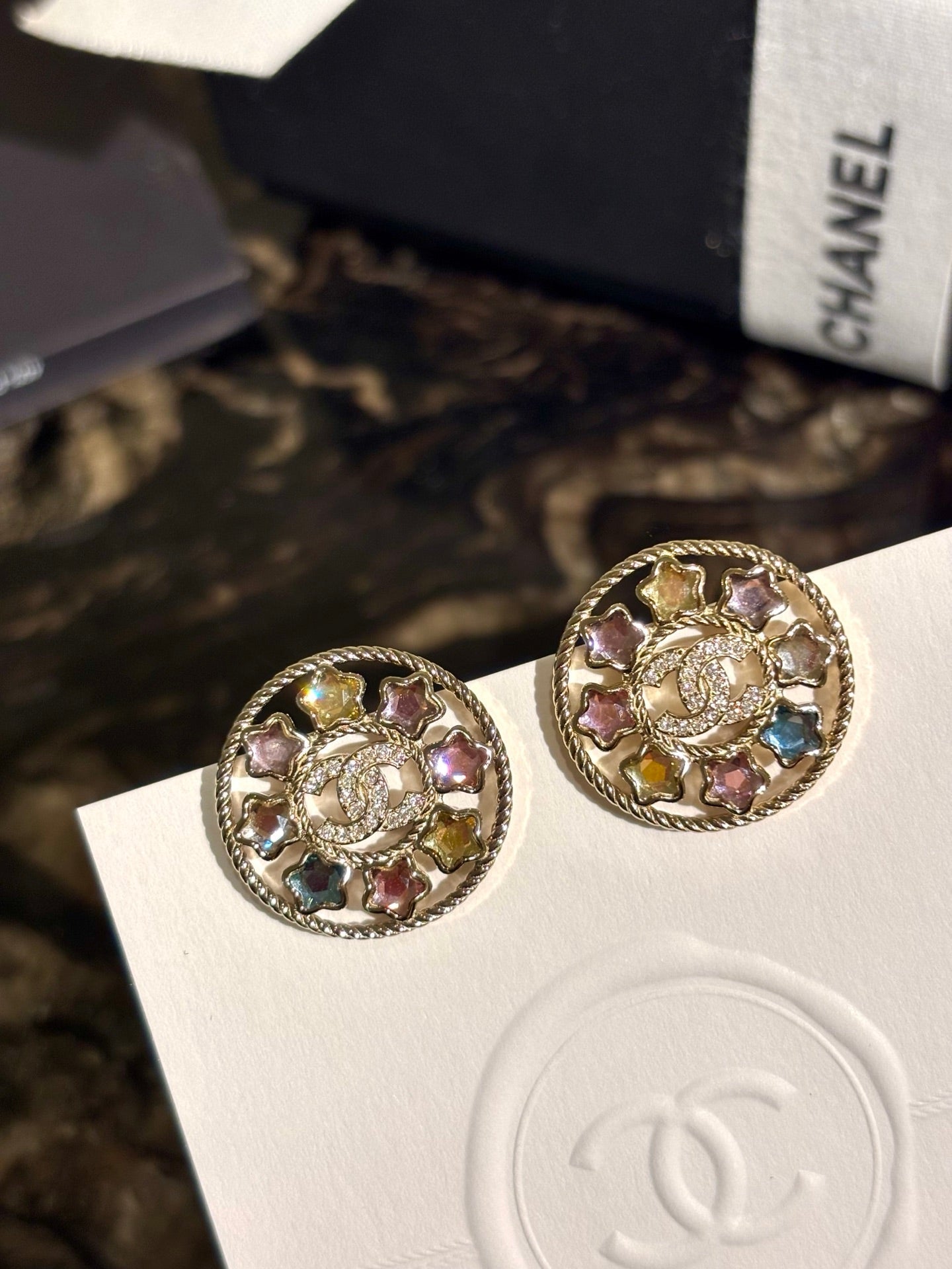 Chanel Colorful Star Openwork Diamond Double C Round Earrings