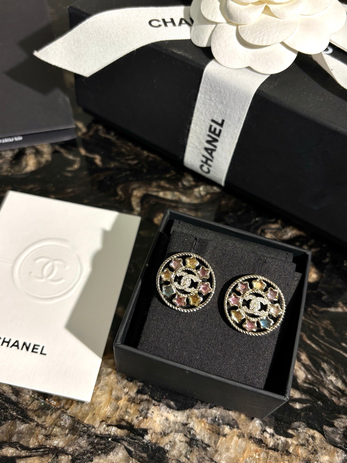 Chanel Colorful Star Openwork Diamond Double C Round Earrings