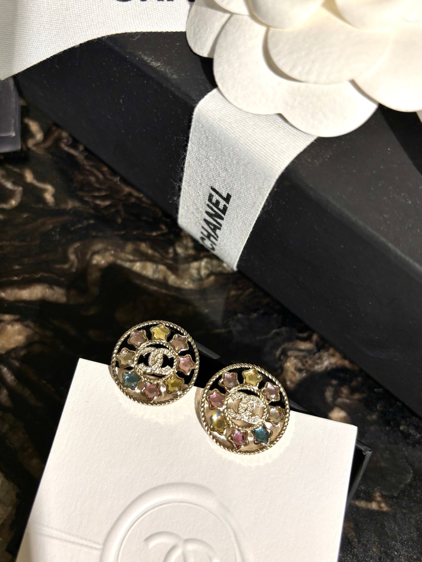 Chanel Colorful Star Openwork Diamond Double C Round Earrings
