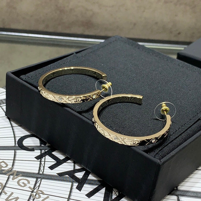 Chanel 2026 Full Diamond Double C Quilted Large Hoop Metal Earrings