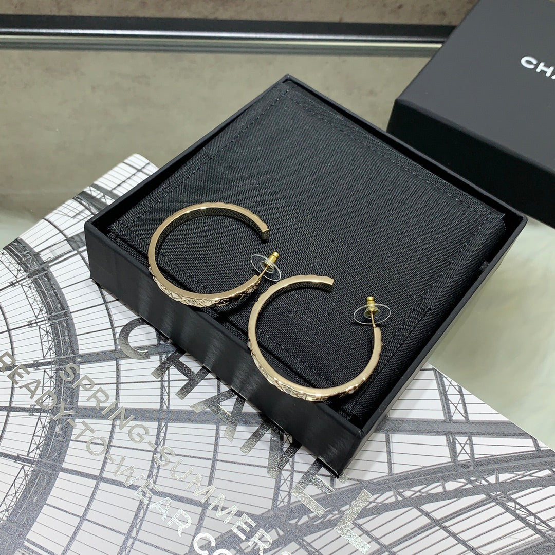 Chanel 2026 Full Diamond Double C Quilted Large Hoop Metal Earrings