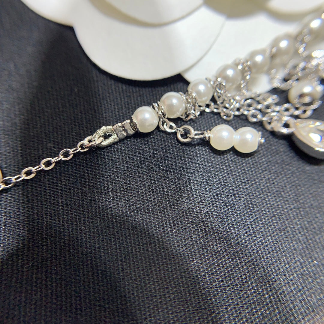 Chanel 2026 Silver Full Diamond Double C Star Teardrop Tassel Necklace