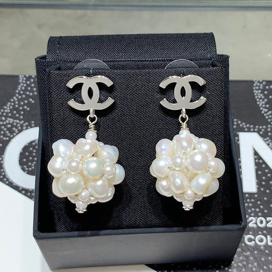 Chanel 2026 Silver Double C Pearl Flower Earrings