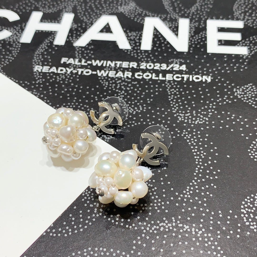 Chanel 2026 Silver Double C Pearl Flower Earrings