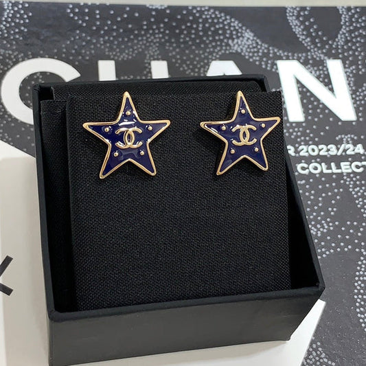Chanel 2026 Gold Double C Blue Enamel Five-Pointed Star Earrings