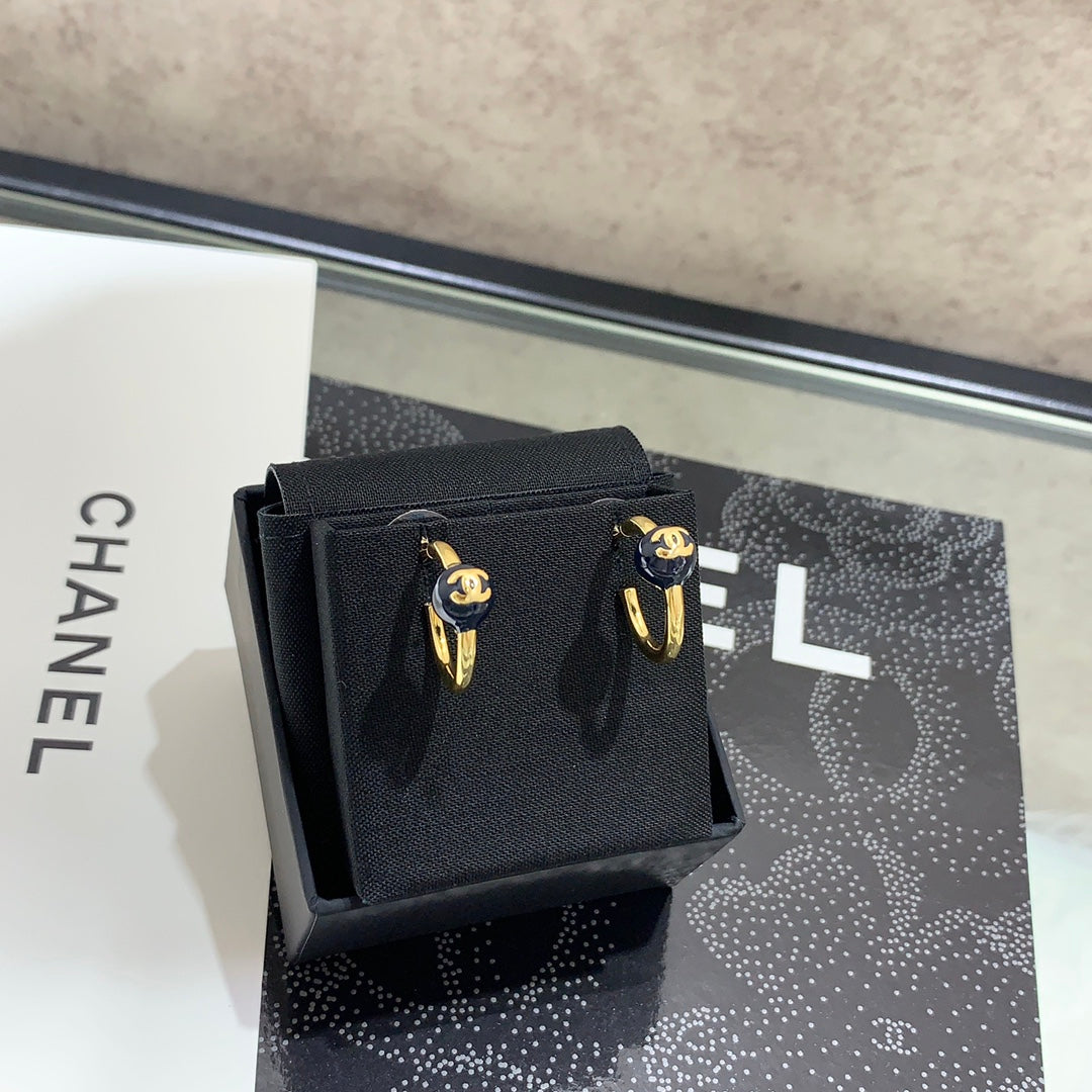 Chanel 2026 Navy Blue Enamel Ball Double C Hoop Earrings