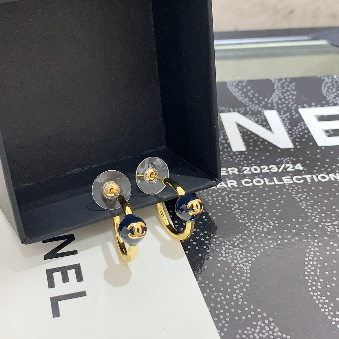 Chanel 2026 Navy Blue Enamel Ball Double C Hoop Earrings