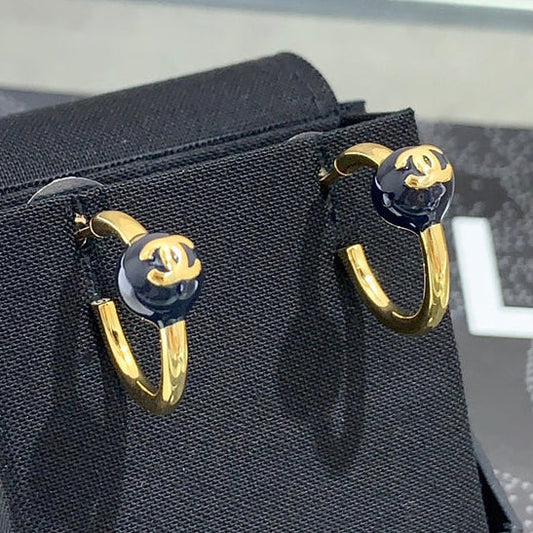Chanel 2026 Navy Blue Enamel Ball Double C Hoop Earrings