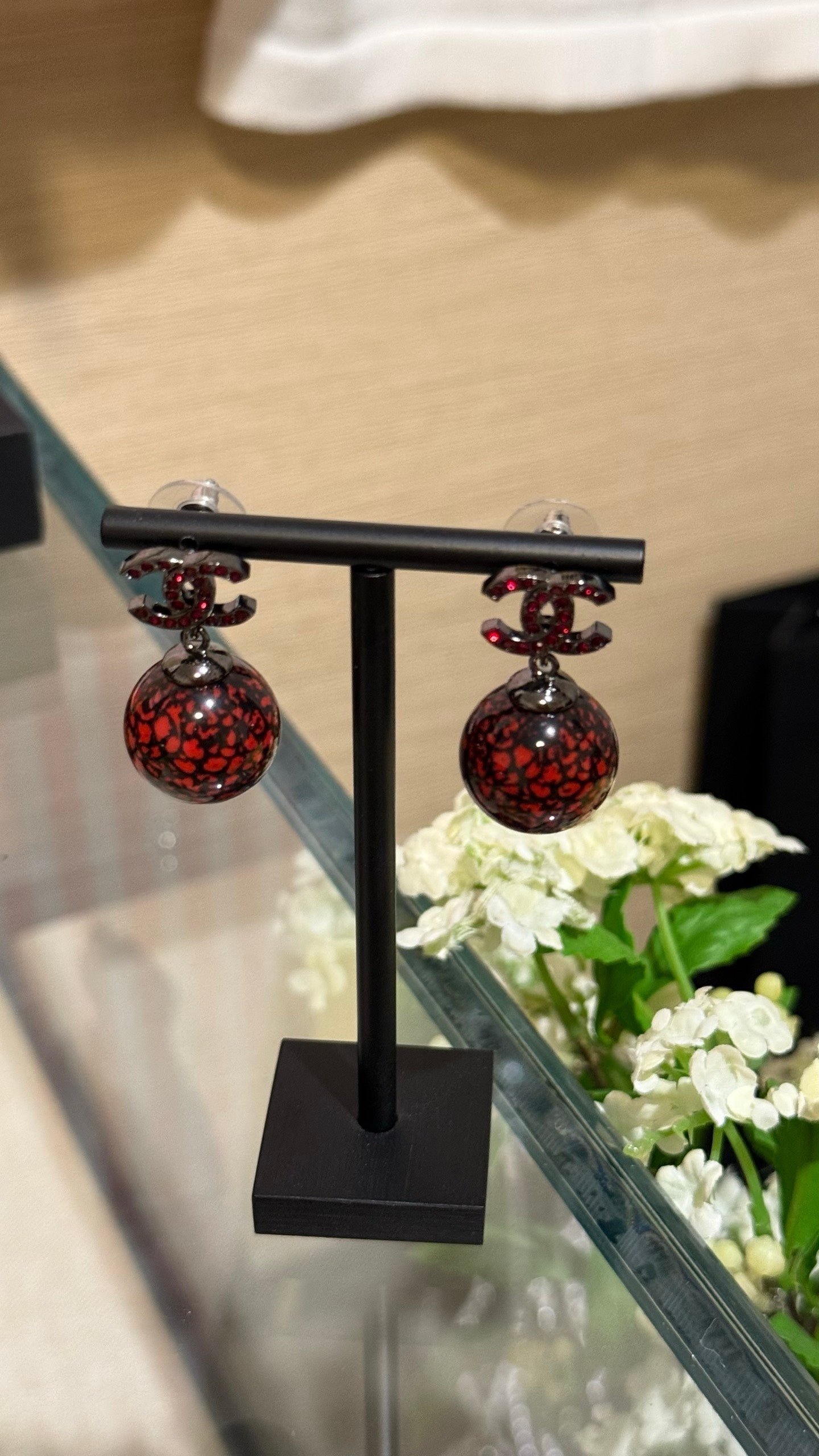 Chanel Double C Deep Red And Black Resin Ball Earrings