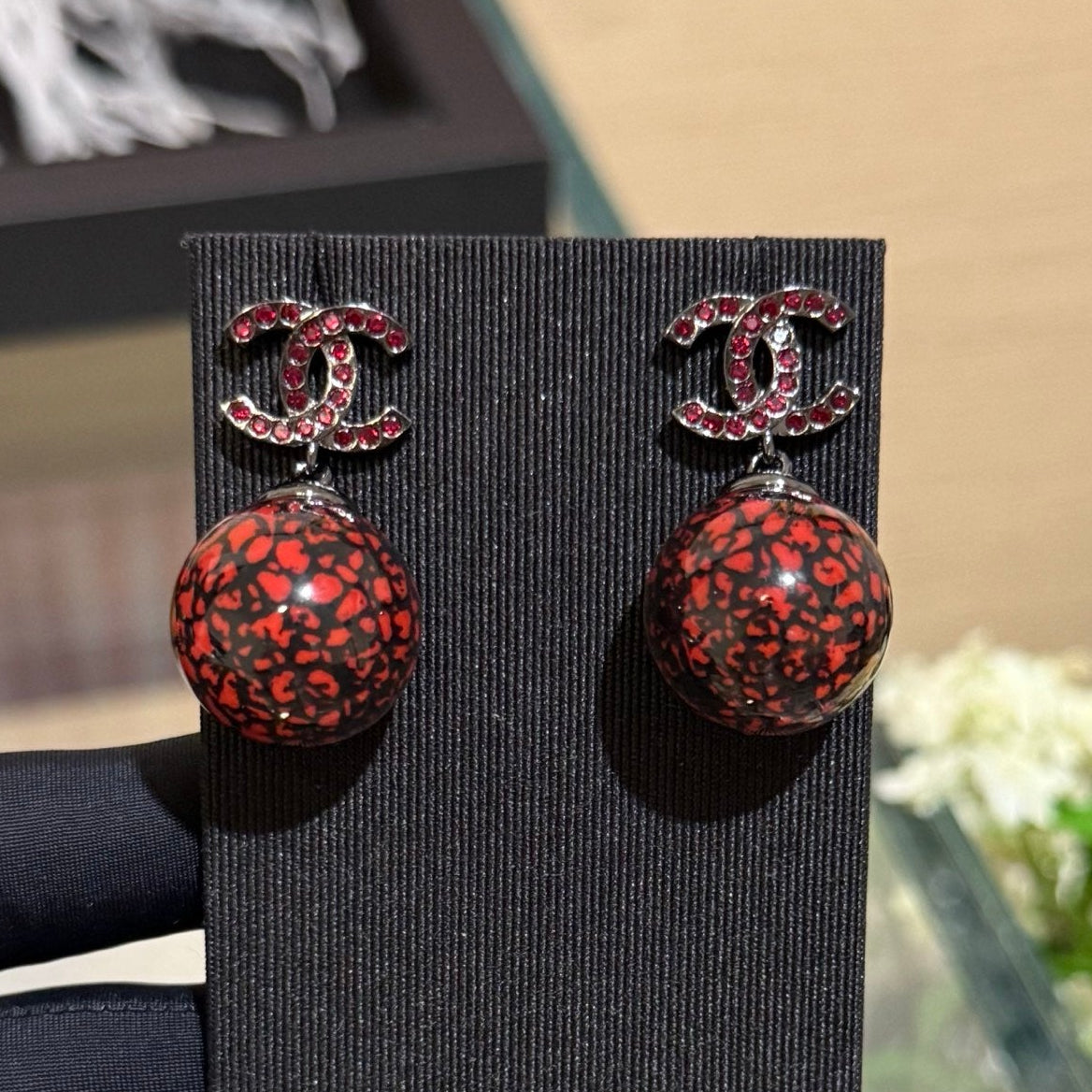 Chanel Double C Deep Red And Black Resin Ball Earrings