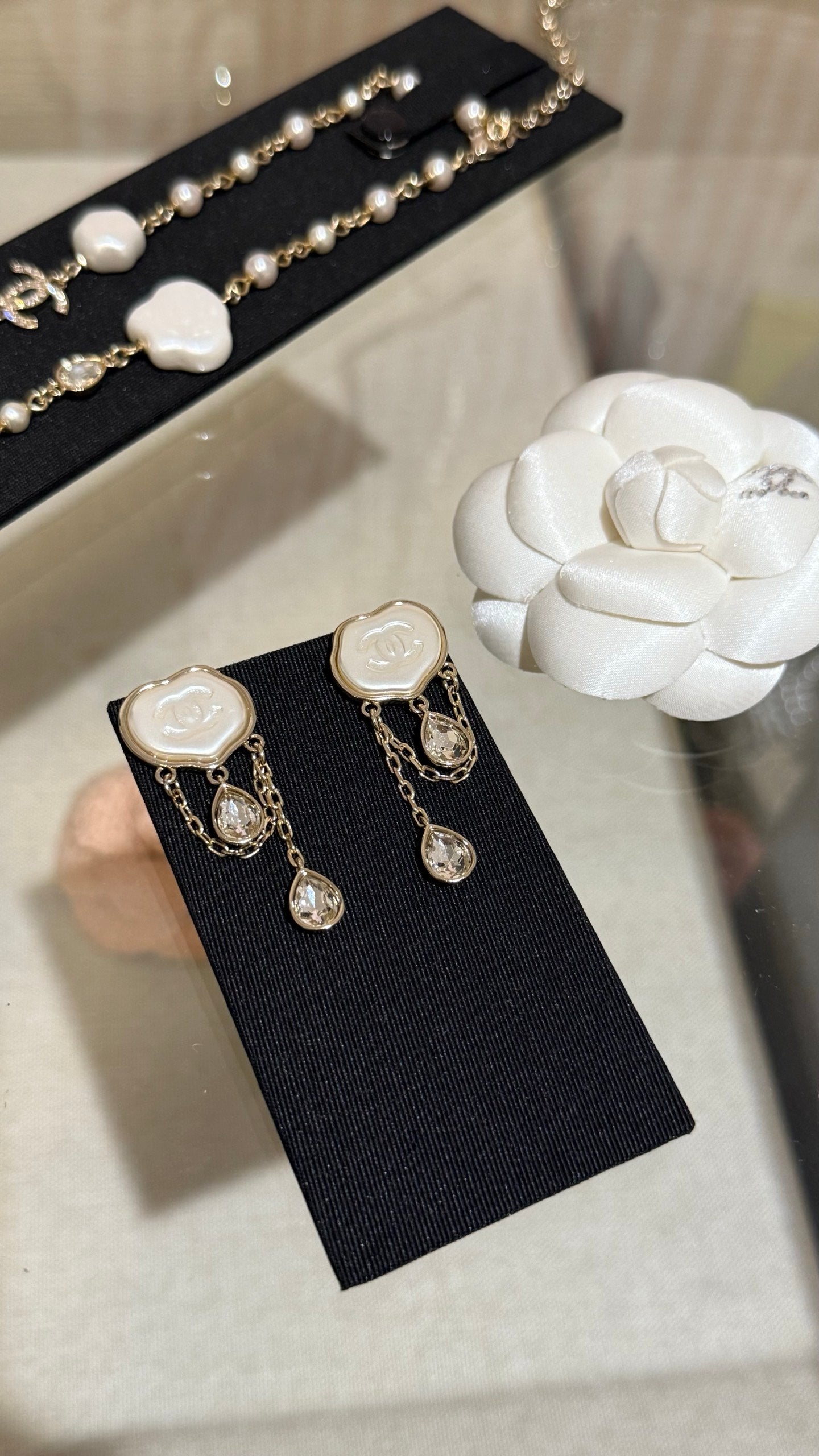 Chanel Cloud Double C Resin Double Teardrop Crystal Light Gold Chain Tassel Earrings