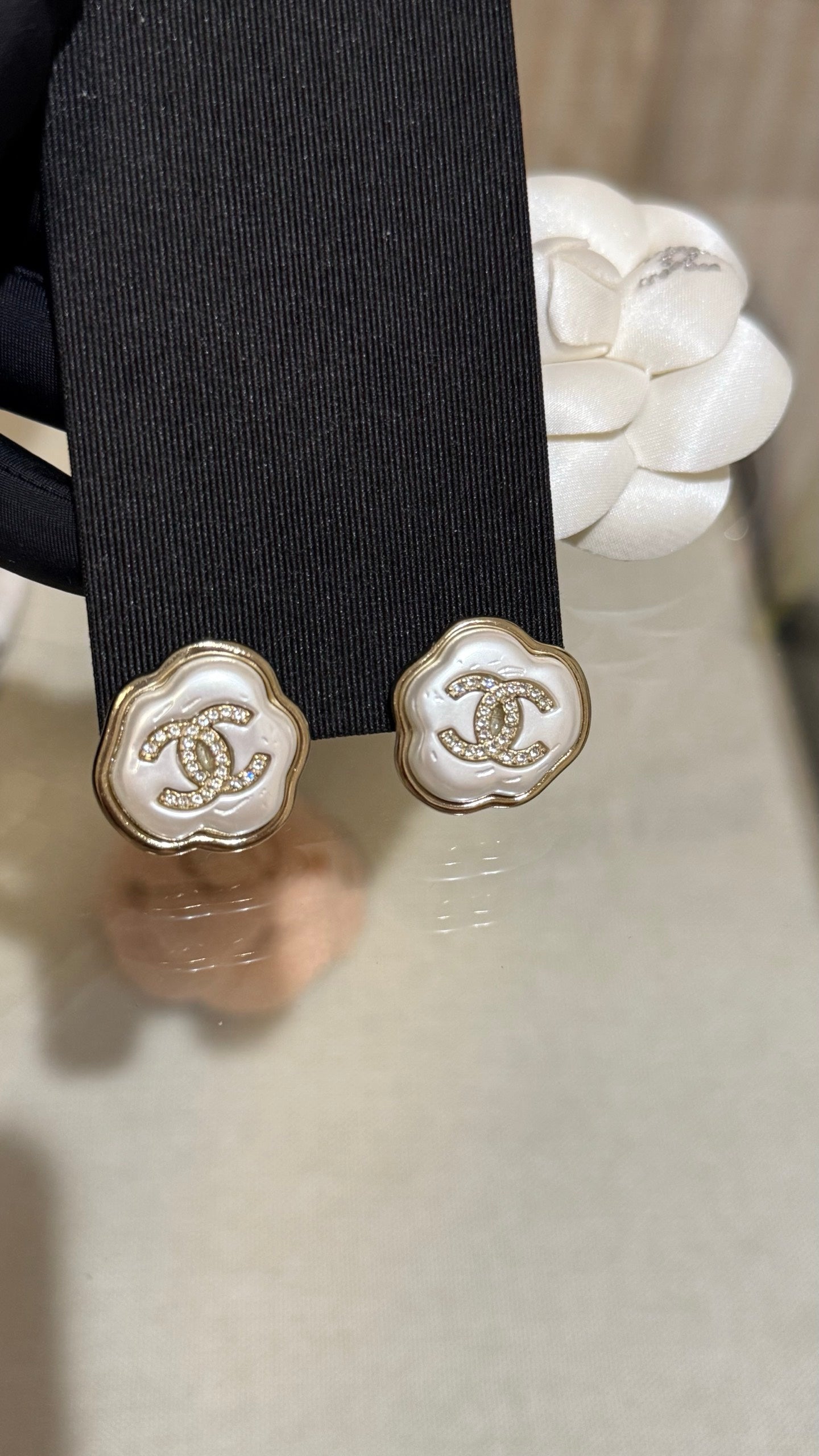 Chanel Cloud Resin Light Gold Full Diamond Double C Stud Earrings