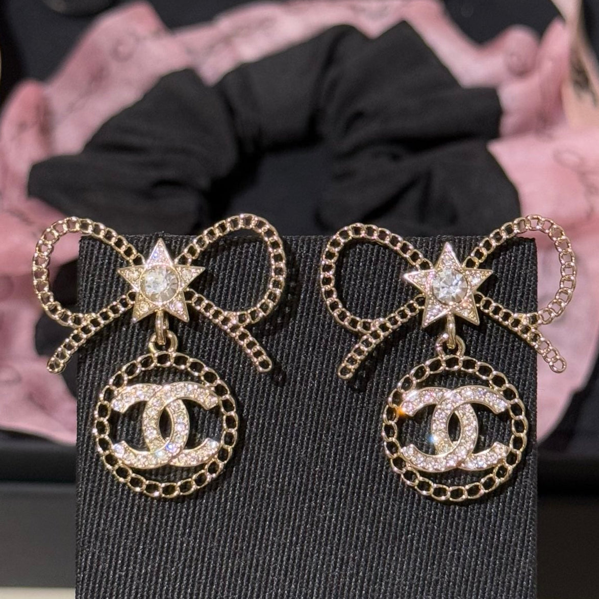 Chanel Light Gold Earrings With Bow Rhinestones And Stars