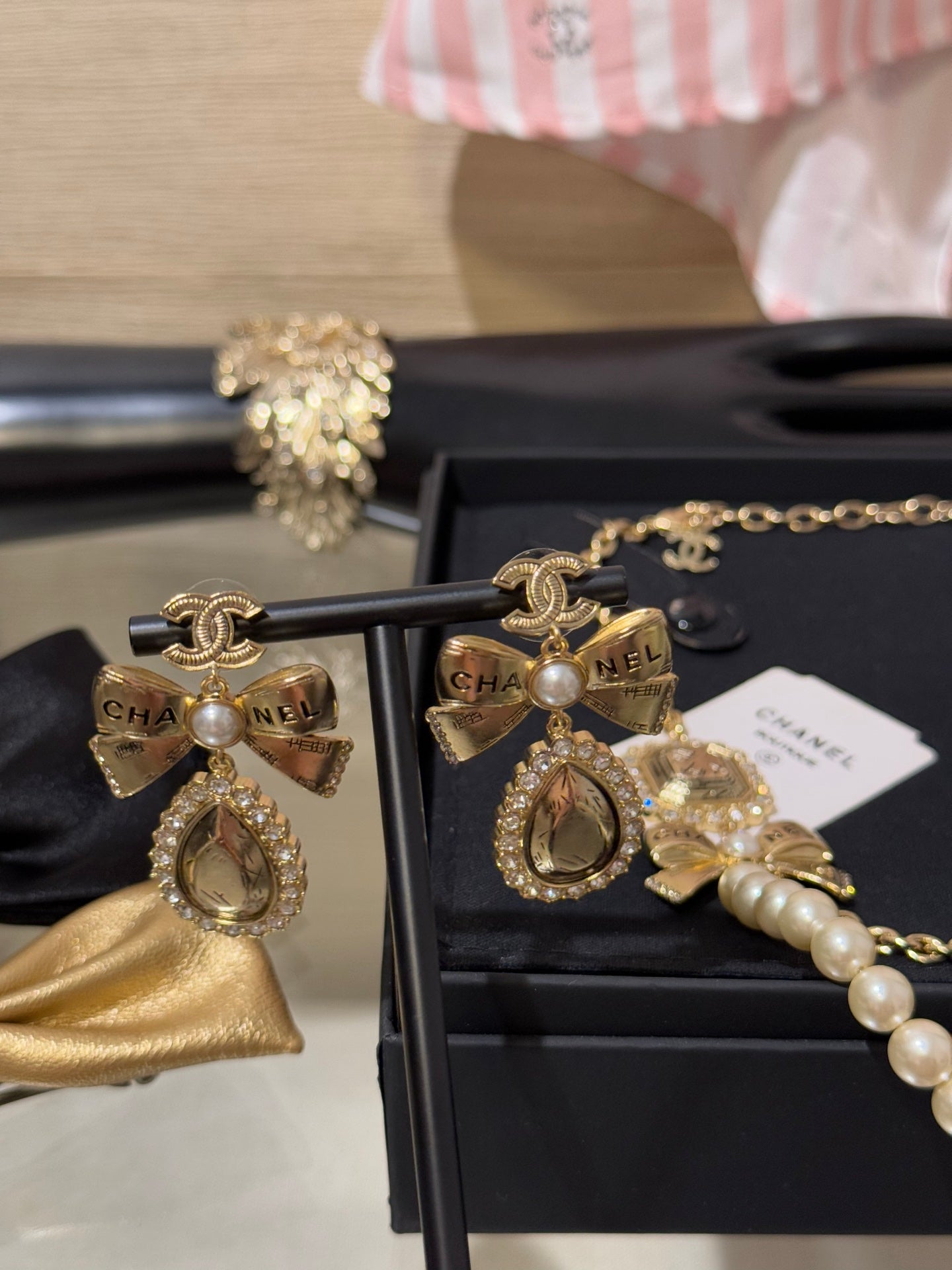 Chanel Gold Bow Pearl Letter Carved Double C Teardrop Crystal Earrings