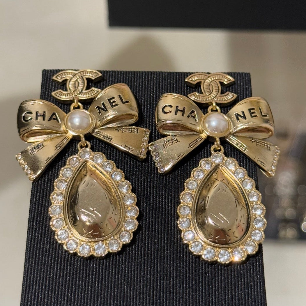 Chanel Gold Bow Pearl Letter Carved Double C Teardrop Crystal Earrings