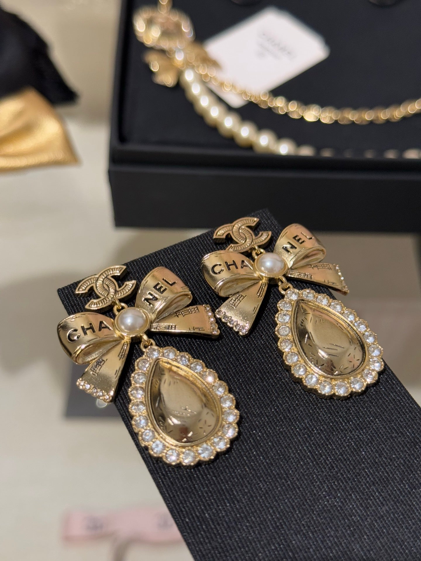Chanel Gold Bow Pearl Letter Carved Double C Teardrop Crystal Earrings