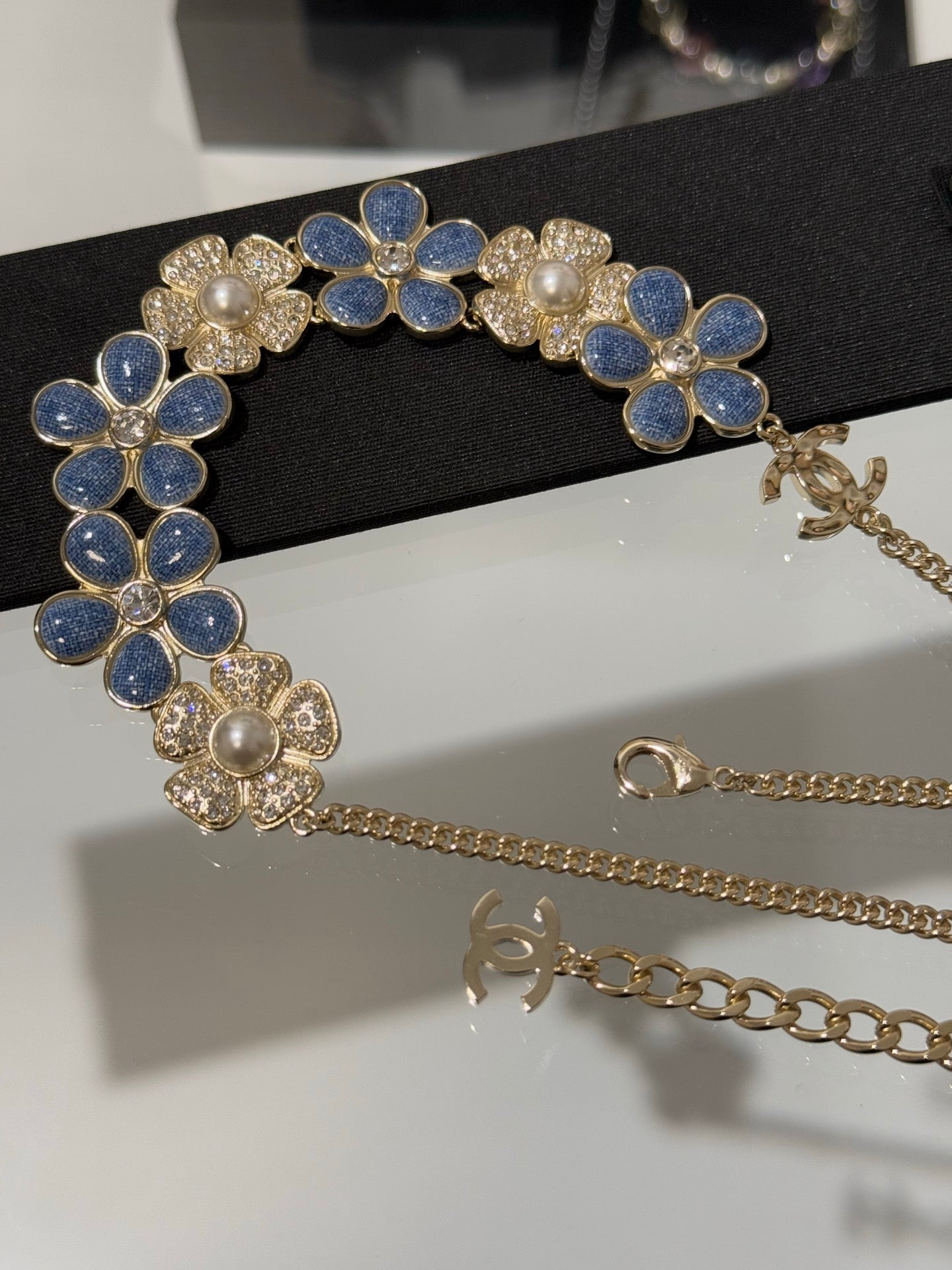 Chanel 2026 Denim Enamel Crystal Light Gold Double C Full Diamond Flower Pearl Necklace