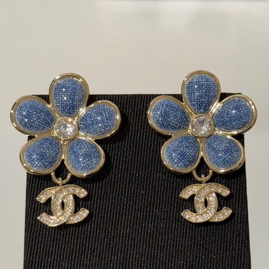Chanel 2026 Denim Enamel Flower Crystal Light Gold Diamond Earrings