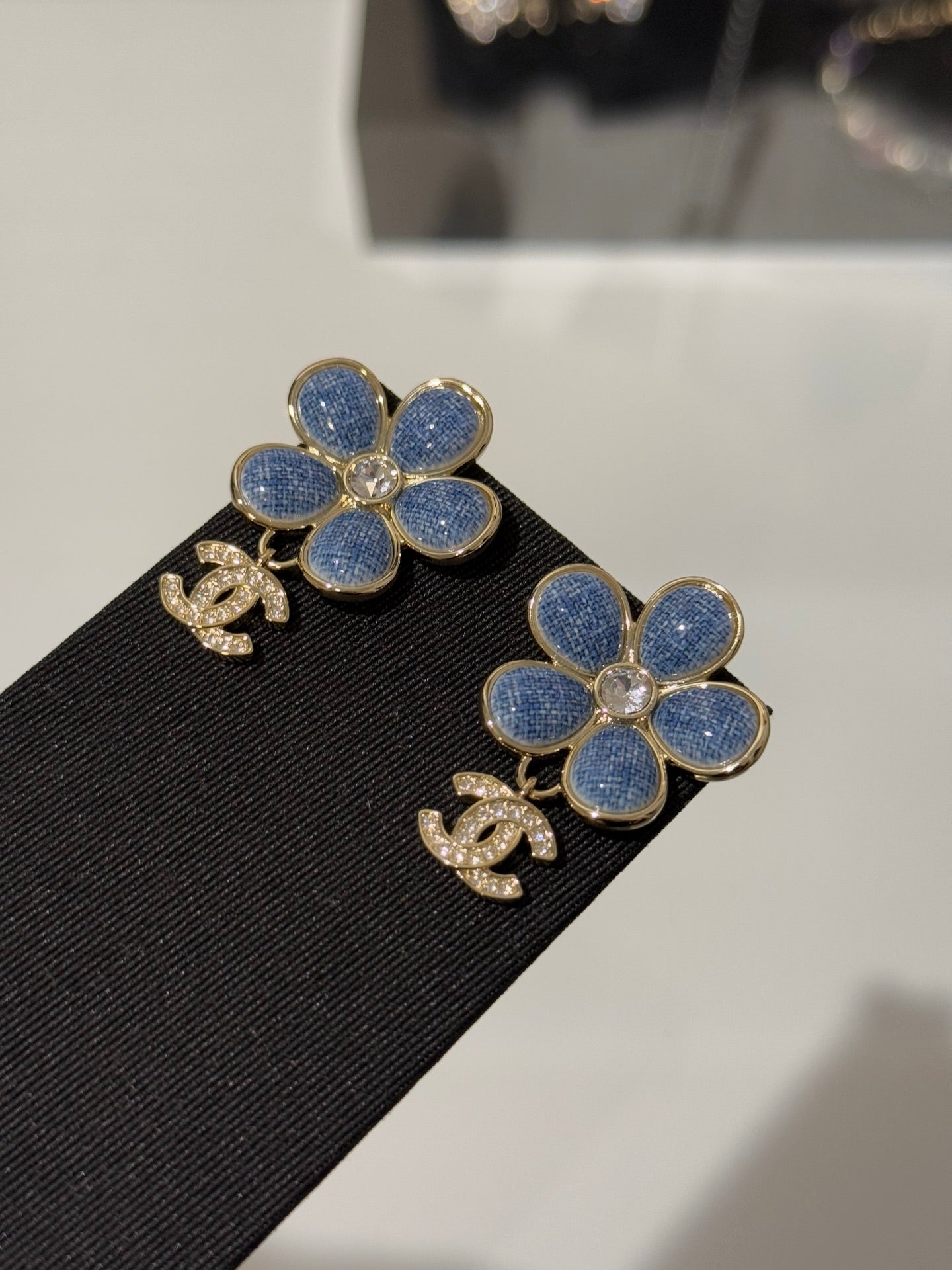 Chanel 2026 Denim Enamel Flower Crystal Light Gold Diamond Earrings