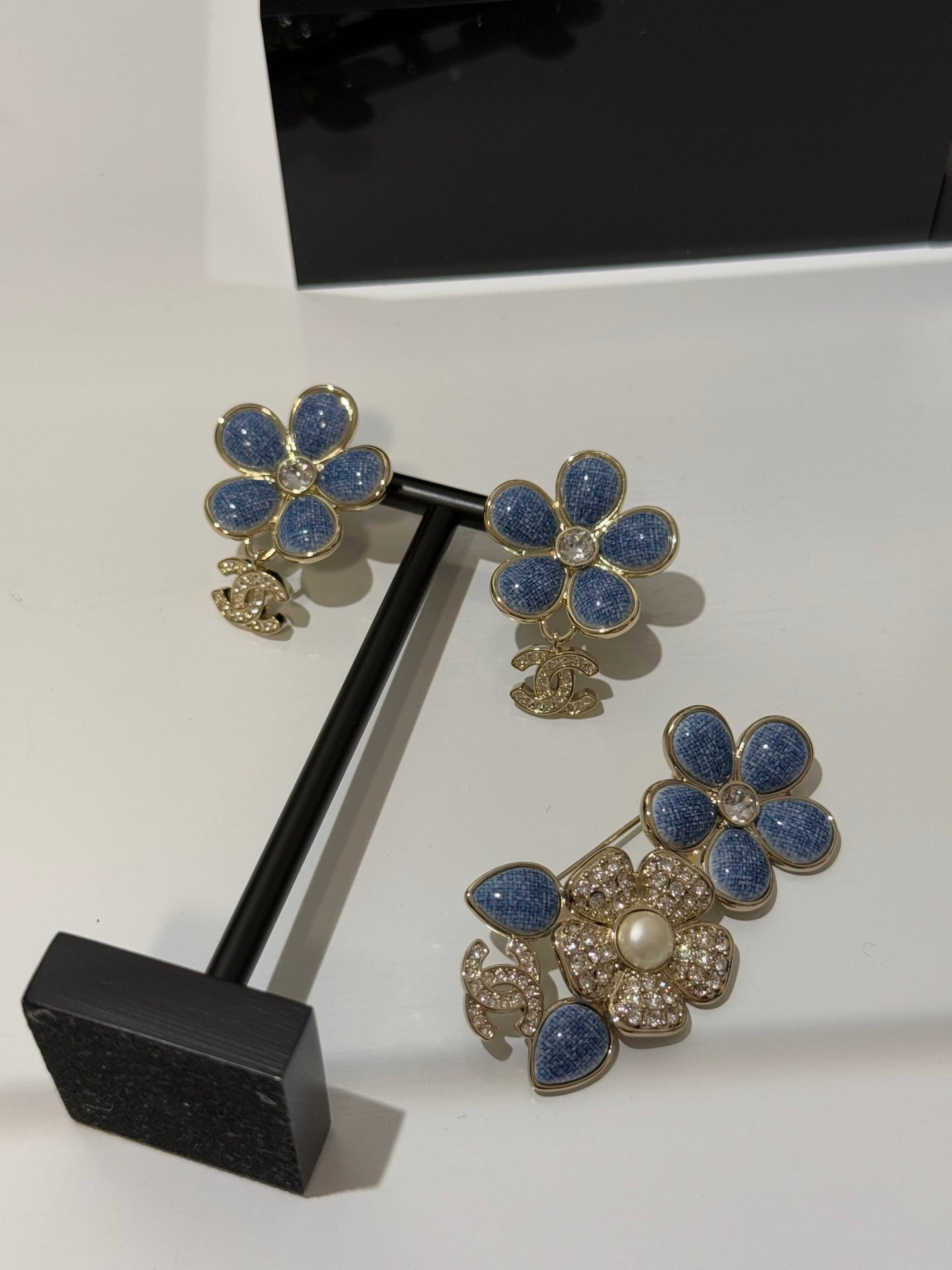 Chanel 2026 Denim Enamel Flower Crystal Light Gold Diamond Earrings