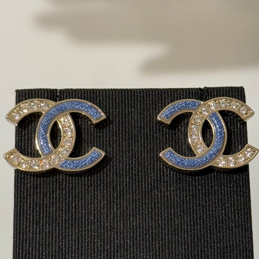 Chanel 2026 Light Gold Denim Patchwork Crystal Double C Stud Earrings