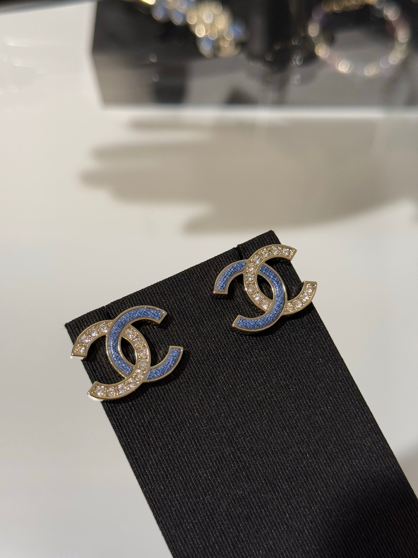 Chanel 2026 Light Gold Denim Patchwork Crystal Double C Stud Earrings