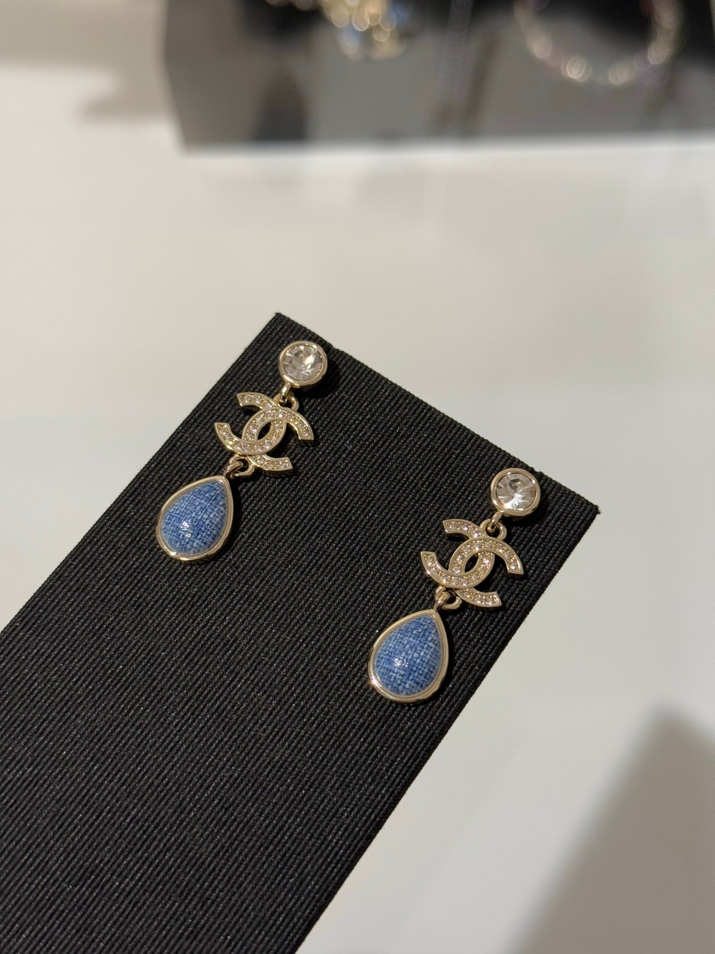 Chanel 2026 Light Gold Round Diamond Double C Teardrop Pendant Denim Earrings