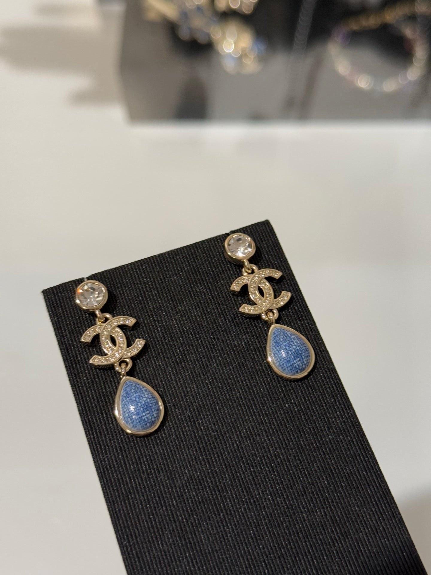 Chanel 2026 Light Gold Round Diamond Double C Teardrop Pendant Denim Earrings